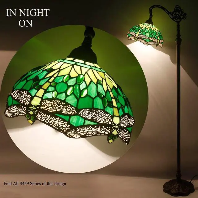 Alt view image 7 of 7 - WERFACTORY Tiffany Floor Lamp Green Stained Glass Dragonfly Arched Lamp 12X18X64 Inches Gooseneck Adjustable Corner Standing Reading Light Decor Bedroom Living Room S459 Series