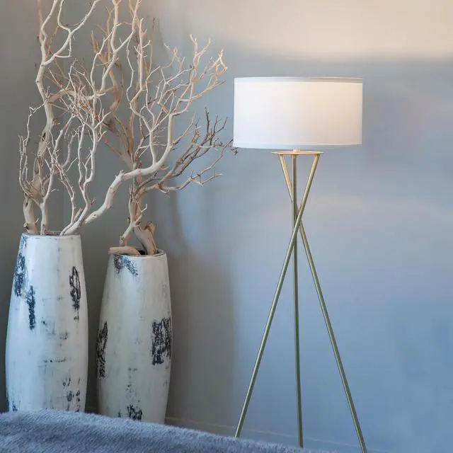 Alt view image 3 of 7 - Brightech Jaxon LED Floor lamp, Modern Lamp for Living Rooms & Offices, Tall Lamp with Contemporary Drum Shade, Gold Tripod Standing Lamp for Bedroom Reading, Great Living Room Decor - Brass