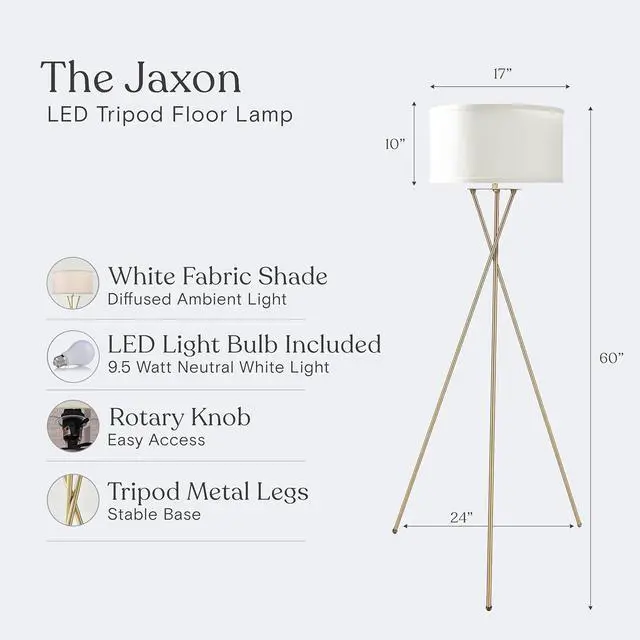 Alt view image 6 of 7 - Brightech Jaxon LED Floor lamp, Modern Lamp for Living Rooms & Offices, Tall Lamp with Contemporary Drum Shade, Gold Tripod Standing Lamp for Bedroom Reading, Great Living Room Decor - Brass