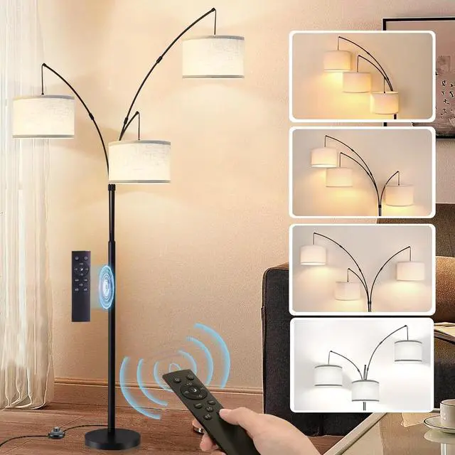 Main image of Arc Floor Lamp for Living Room with Remote Control, Dimmable Modern Mid Century 3 Lights Arched Tall Floor Lamp, Adjustable Standing Corner Lamp for Living Room Bedroom Office, Beige Lampshad (Black)