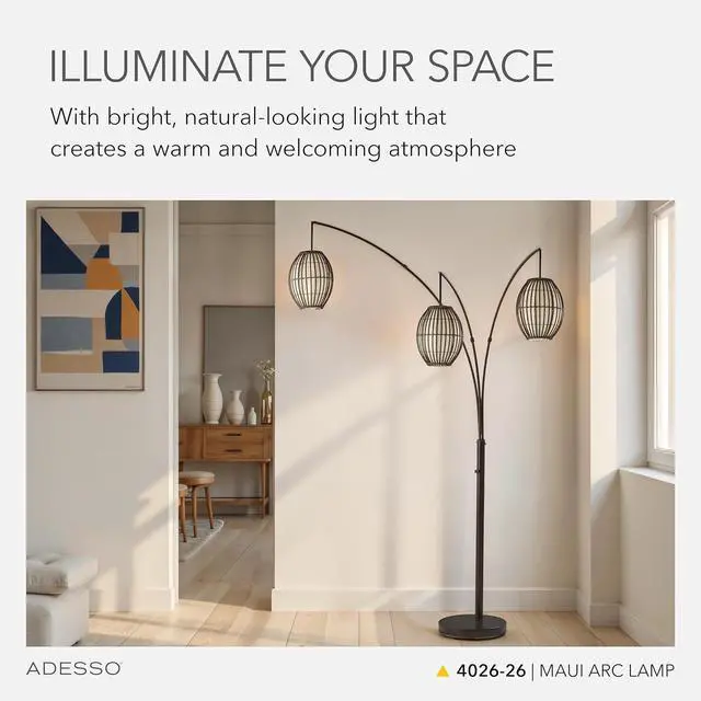 Alt view image 2 of 7 - Adesso Maui Arc Floor Lamp with 3 Movable Shades & Adjustable Height- Perfect Lighting for Bedroom, Living Room and Corner Decor, Antique Bronze