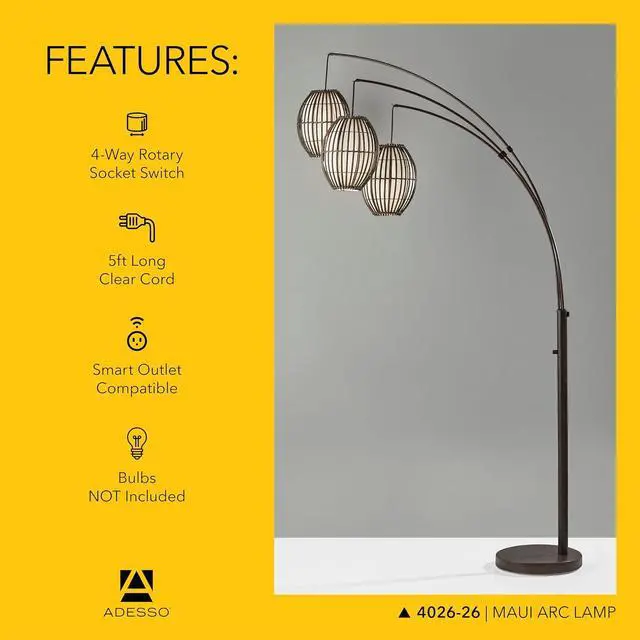Alt view image 5 of 7 - Adesso Maui Arc Floor Lamp with 3 Movable Shades & Adjustable Height- Perfect Lighting for Bedroom, Living Room and Corner Decor, Antique Bronze
