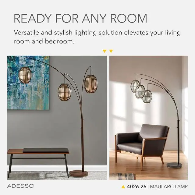 Alt view image 3 of 7 - Adesso Maui Arc Floor Lamp with 3 Movable Shades & Adjustable Height- Perfect Lighting for Bedroom, Living Room and Corner Decor, Antique Bronze