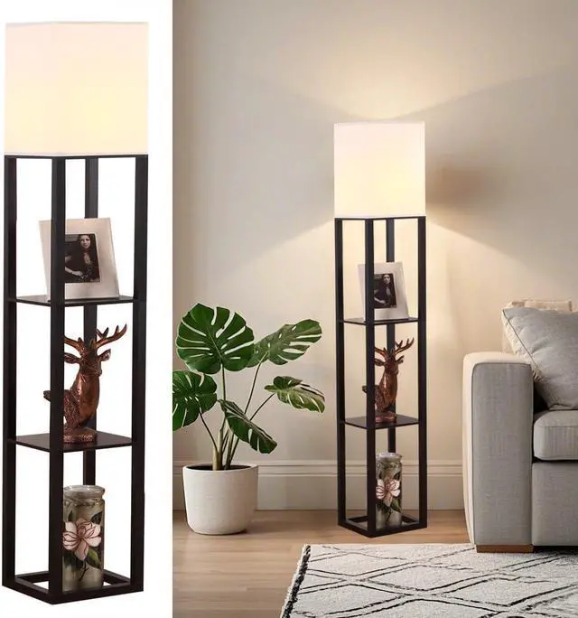 Main image of HomeFocus - Floor Lamp with Shelves,Shelf Floor Lamp with LED Bulb,Bookshelf Corner Display Lamp for Living Room,Bedroom and Office,White Linen Shade,Rustic Wood,Black