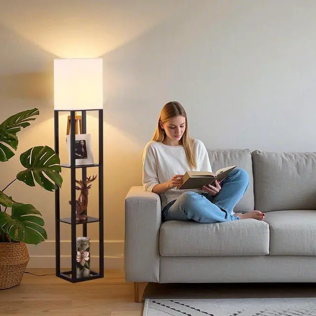 Alt view image 2 of 5 - HomeFocus - Floor Lamp with Shelves,Shelf Floor Lamp with LED Bulb,Bookshelf Corner Display Lamp for Living Room,Bedroom and Office,White Linen Shade,Rustic Wood,Black