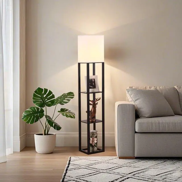 Alt view image 3 of 5 - HomeFocus - Floor Lamp with Shelves,Shelf Floor Lamp with LED Bulb,Bookshelf Corner Display Lamp for Living Room,Bedroom and Office,White Linen Shade,Rustic Wood,Black