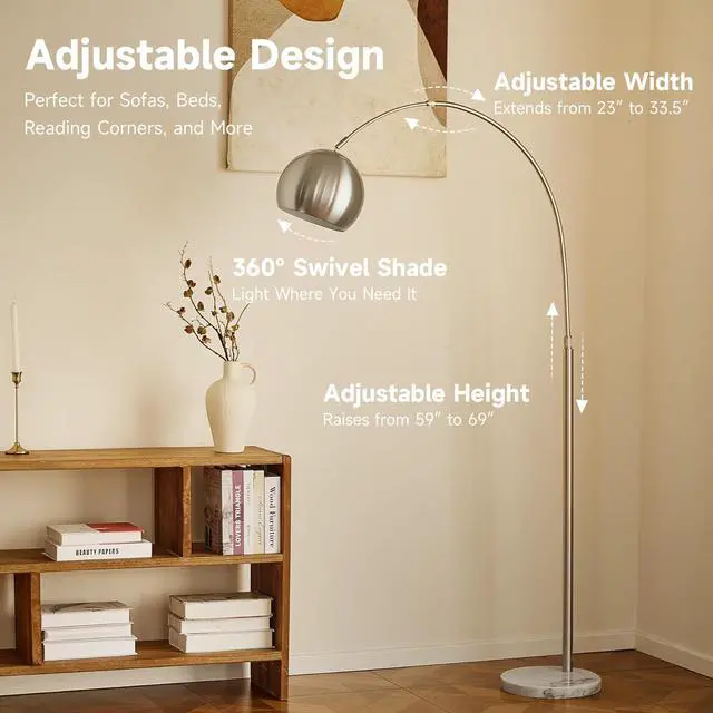 Alt view image 2 of 7 - Modern Floor Lamp for Living Room, Brushed Nickel Arc Floor Lamp with LED Bulb, Marble Base Contemporary Tall Lamp for Living Room Couch Sofa, Height Up to 69 Inch