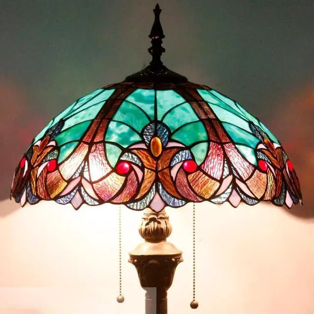 Alt view image 2 of 7 - WERFACTORY Tiffany Floor Lamp Green Brown Liaison Stained Glass Standing Reading Light 16X16X64 Inches Antique Pole Corner Lamp Decor Bedroom Living Room Home Office S160G Series