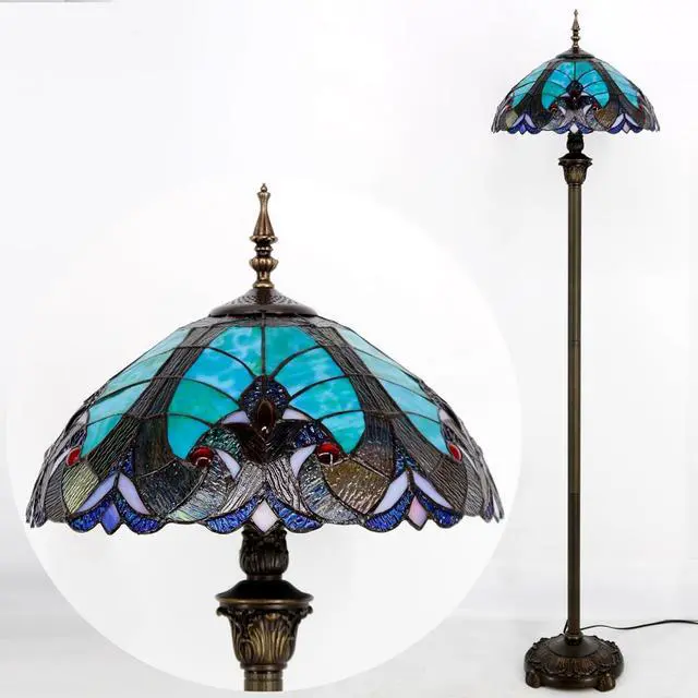Alt view image 6 of 7 - WERFACTORY Tiffany Floor Lamp Green Brown Liaison Stained Glass Standing Reading Light 16X16X64 Inches Antique Pole Corner Lamp Decor Bedroom Living Room Home Office S160G Series