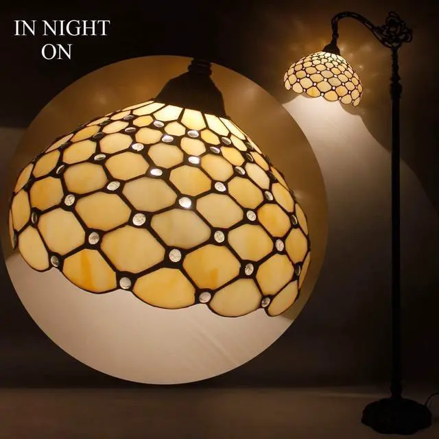 Alt view image 2 of 7 - WERFACTORY Tiffany Floor Lamp Cream Amber Stained Glass Bead Arched Lamp 12X18X64 Inch Gooseneck Adjustable Corner Standing Reading Light Decor Bedroom Living Room S005 Series