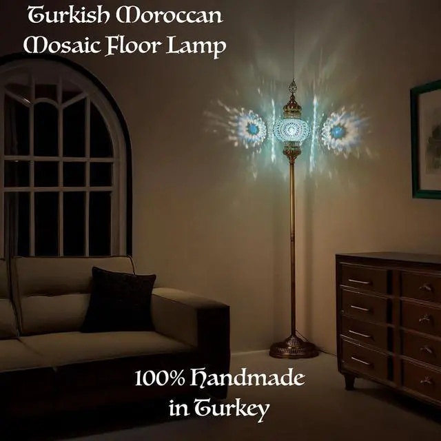 Alt view image 3 of 7 - DEMMEX Biggest Size 10" Globe Turkish Moroccan Mosaic Floor Lamp, Bohemian Colorful Mosaic Glass Exotic Oriental Floor Lamp, Antique Brass Color Metal Body, 5.5ft Height, Handmade (Multicolored)