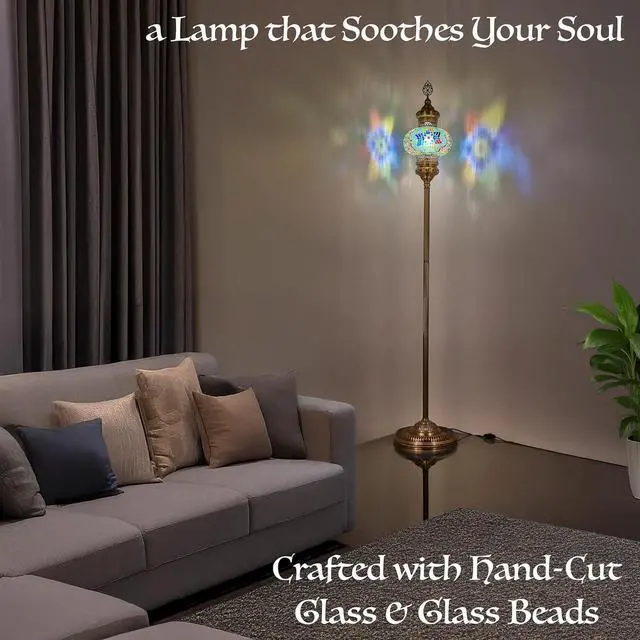 Alt view image 4 of 7 - DEMMEX Biggest Size 10" Globe Turkish Moroccan Mosaic Floor Lamp, Bohemian Colorful Mosaic Glass Exotic Oriental Floor Lamp, Antique Brass Color Metal Body, 5.5ft Height, Handmade (Multicolored)