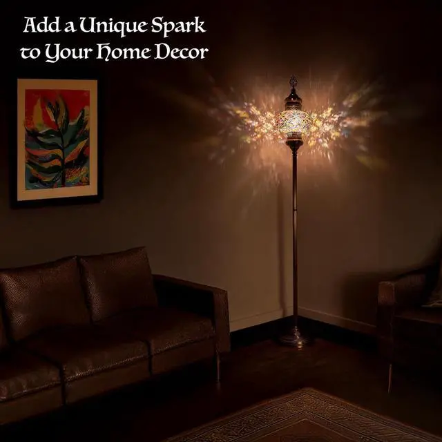 Alt view image 5 of 7 - DEMMEX Biggest Size 10" Globe Turkish Moroccan Mosaic Floor Lamp, Bohemian Colorful Mosaic Glass Exotic Oriental Floor Lamp, Antique Brass Color Metal Body, 5.5ft Height, Handmade (Multicolored)