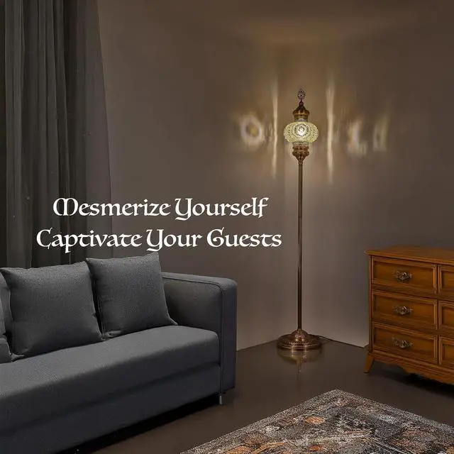 Alt view image 6 of 7 - DEMMEX Biggest Size 10" Globe Turkish Moroccan Mosaic Floor Lamp, Bohemian Colorful Mosaic Glass Exotic Oriental Floor Lamp, Antique Brass Color Metal Body, 5.5ft Height, Handmade (Multicolored)