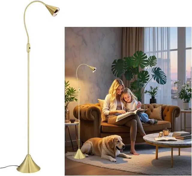 Alt view image 2 of 3 - HomeFocus - LED Floor Lamp,Standing Lamp for Reading,Eye-Caring,Stepless Dimming,Floor Lamp for Living Room,Bedroom,LED 5W,Energy Efficient Super Bright (Metal,Gold)