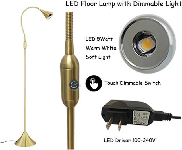 Alt view image 3 of 3 - HomeFocus - LED Floor Lamp,Standing Lamp for Reading,Eye-Caring,Stepless Dimming,Floor Lamp for Living Room,Bedroom,LED 5W,Energy Efficient Super Bright (Metal,Gold)