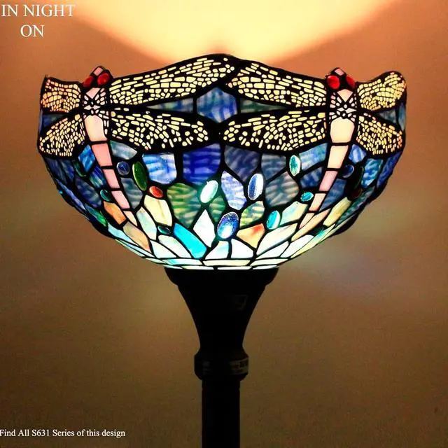 Alt view image 2 of 7 - WERFACTORY Tiffany Floor Lamp Sea Blue Stained Glass Dragonfly Light 12X12X66 Inches Pole Torchiere Standing Corner Torch Uplight Decor Bedroom Living Room Home Office S631 Series