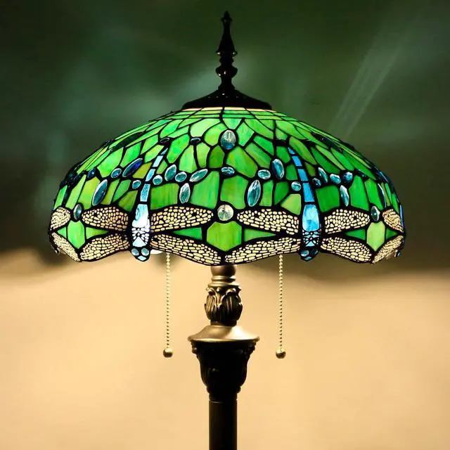 Alt view image 6 of 6 - Tiffany Floor Lamp Stained Glass Lamp Standing Reading Light 16x16x70 Inch for Living Room (Green Dragonfly)