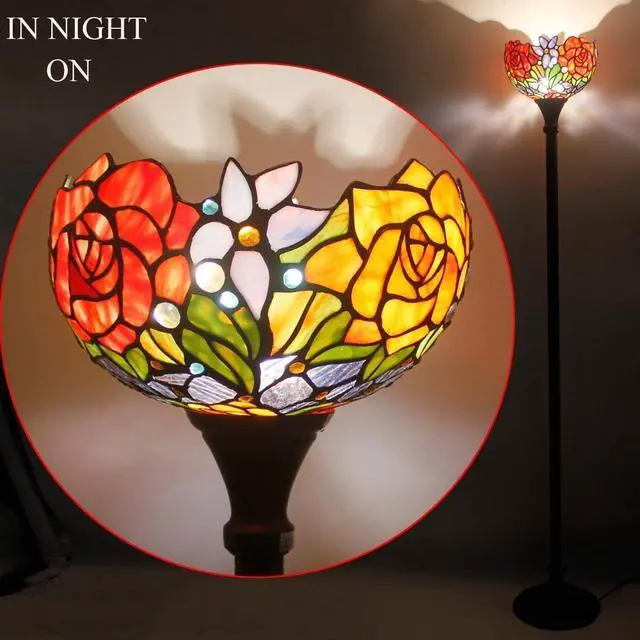 Alt view image 5 of 7 - WERFACTORY Tiffany Floor Lamp Red Rose Flower Stained Glass Light 10X10X66 Inches Pole Torchiere Standing Corner Torch Uplight Decor Bedroom Living Room Home Office S001 Series