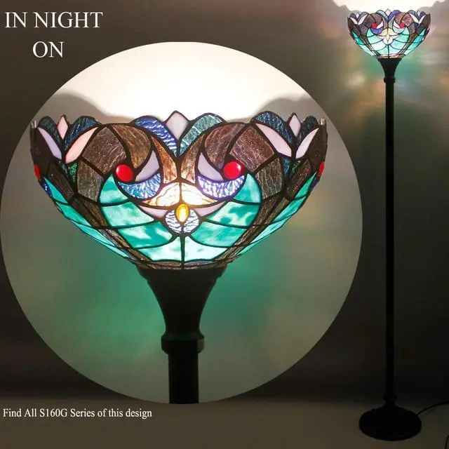 Alt view image 3 of 7 - WERFACTORY Tiffany Floor Lamp Green Liaison Stained Glass Light 12X12X66 Inches Pole Torchiere Standing Corner Torch Uplight Decor Bedroom Living Room Home Office S160G Series