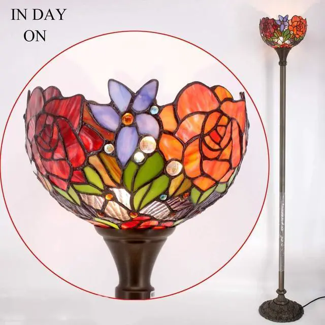 Alt view image 2 of 7 - WERFACTORY Tiffany Floor Lamp Red Rose Flower Stained Glass Light 10X10X66 Inches Pole Torchiere Standing Corner Torch Uplight Decor Bedroom Living Room Home Office S001 Series
