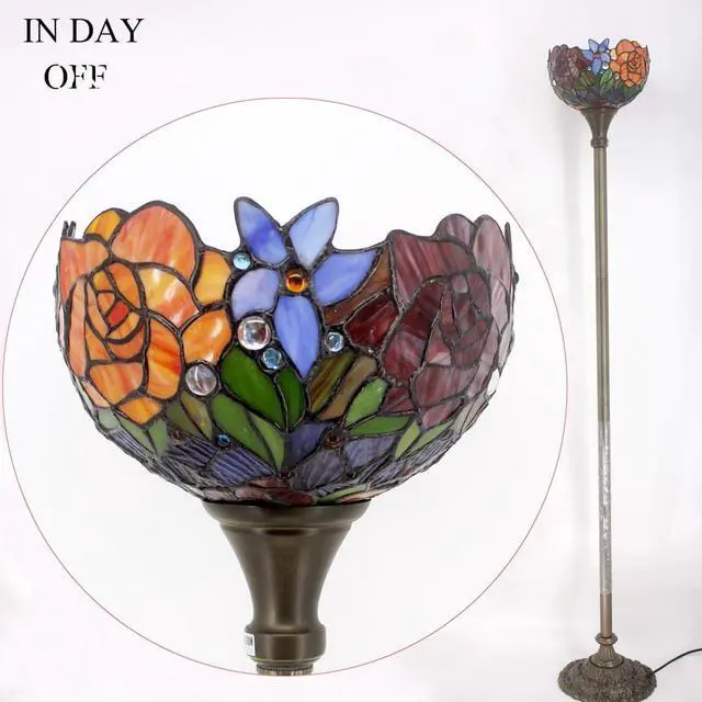 Alt view image 3 of 7 - WERFACTORY Tiffany Floor Lamp Red Rose Flower Stained Glass Light 10X10X66 Inches Pole Torchiere Standing Corner Torch Uplight Decor Bedroom Living Room Home Office S001 Series