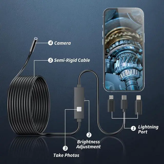Alt view image 2 of 7 - Endoscope Camera with Light,1920P HD Borescope Tools with 8 Adjustable LED Lights, Endoscope with Semi-Rigid Snake Camera, Inspection Borescope for iOS and Android-16.4ft Single Lens