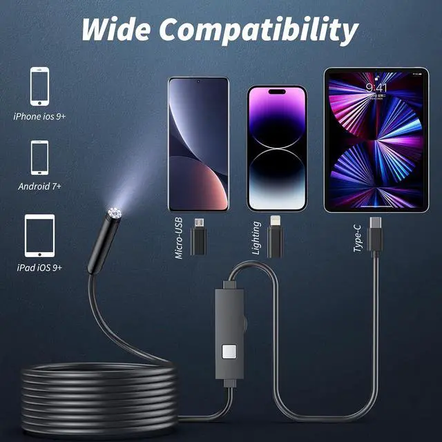 Alt view image 6 of 7 - Endoscope Camera with Light,1920P HD Borescope Tools with 8 Adjustable LED Lights, Endoscope with Semi-Rigid Snake Camera, Inspection Borescope for iOS and Android-16.4ft Single Lens