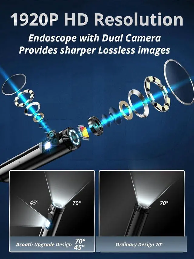 Alt view image 2 of 7 - Endoscope Camera with Light, Dual-Lens 1920P HD Borescope with 8 Adjustable LED Lights, IP67 Waterproof Boroscope Inspection Tools, 16.4ft Semi-Rigid Snake Camera for iOS & Android