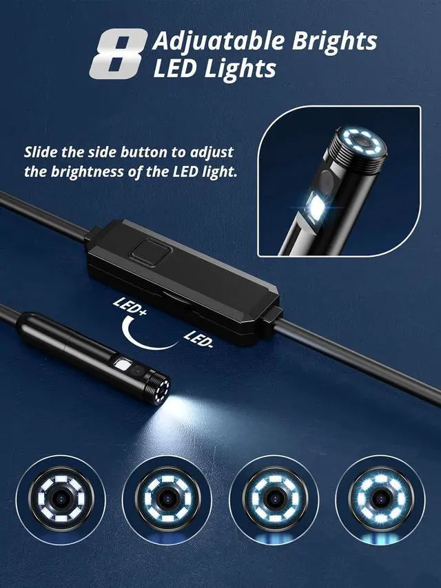 Alt view image 4 of 7 - Endoscope Camera with Light, Dual-Lens 1920P HD Borescope with 8 Adjustable LED Lights, IP67 Waterproof Boroscope Inspection Tools, 16.4ft Semi-Rigid Snake Camera for iOS & Android