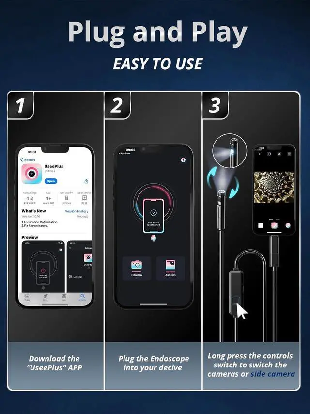 Alt view image 6 of 7 - Endoscope Camera with Light, Dual-Lens 1920P HD Borescope with 8 Adjustable LED Lights, IP67 Waterproof Boroscope Inspection Tools, 16.4ft Semi-Rigid Snake Camera for iOS & Android