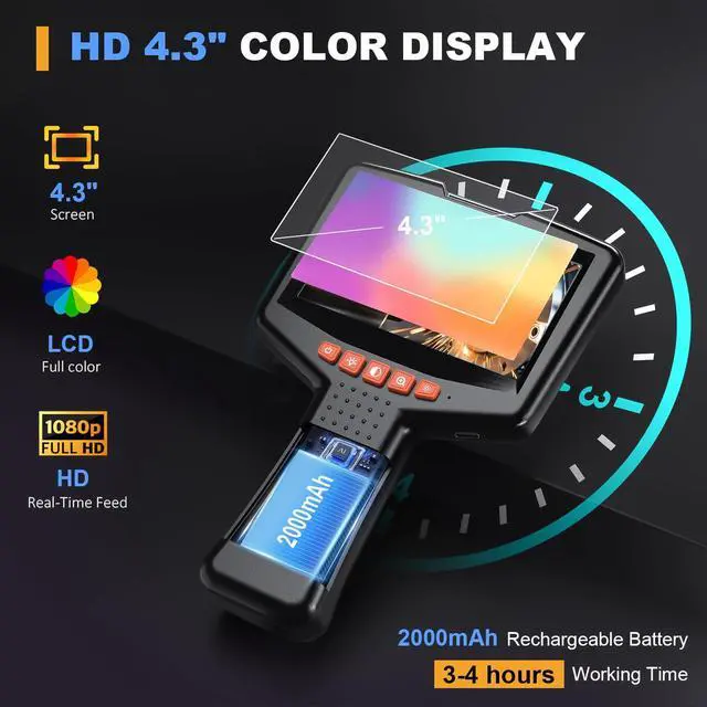 Alt view image 3 of 7 - Endoscope Camera with Light: 4.3" Inspection Borescope Camera for Sewer - 16.4ft Waterproof Industrial Endoscope - Flexible Snake Bore Scope for Plumbing Automotive