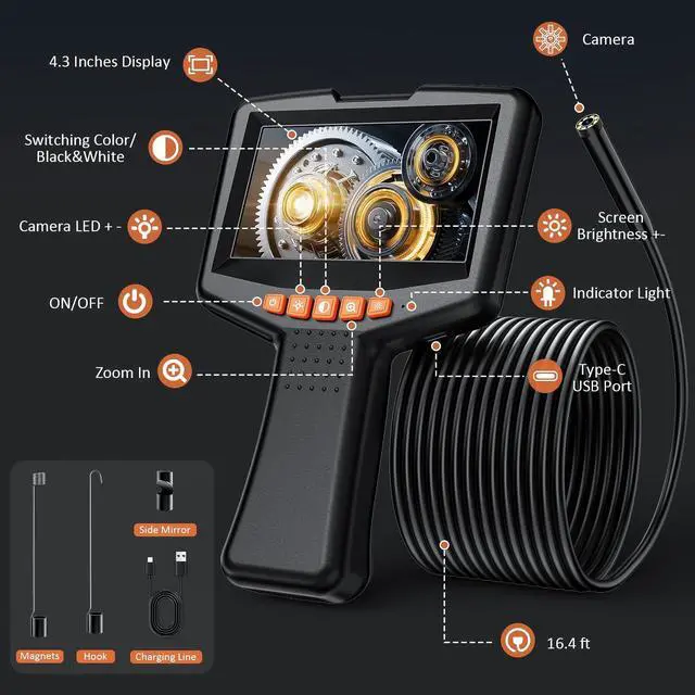 Alt view image 6 of 7 - Endoscope Camera with Light: 4.3" Inspection Borescope Camera for Sewer - 16.4ft Waterproof Industrial Endoscope - Flexible Snake Bore Scope for Plumbing Automotive