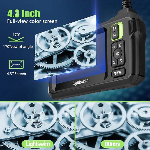 Alt view image 3 of 7 - Industrial HD Digital Borescope, Lightswim 1080P 4.3" IPS Endoscope Inspection Camera with Handheld IP67 Waterproof Snake Sewer with 8 LED Lights 16.5ft Semi-Rigid Cable