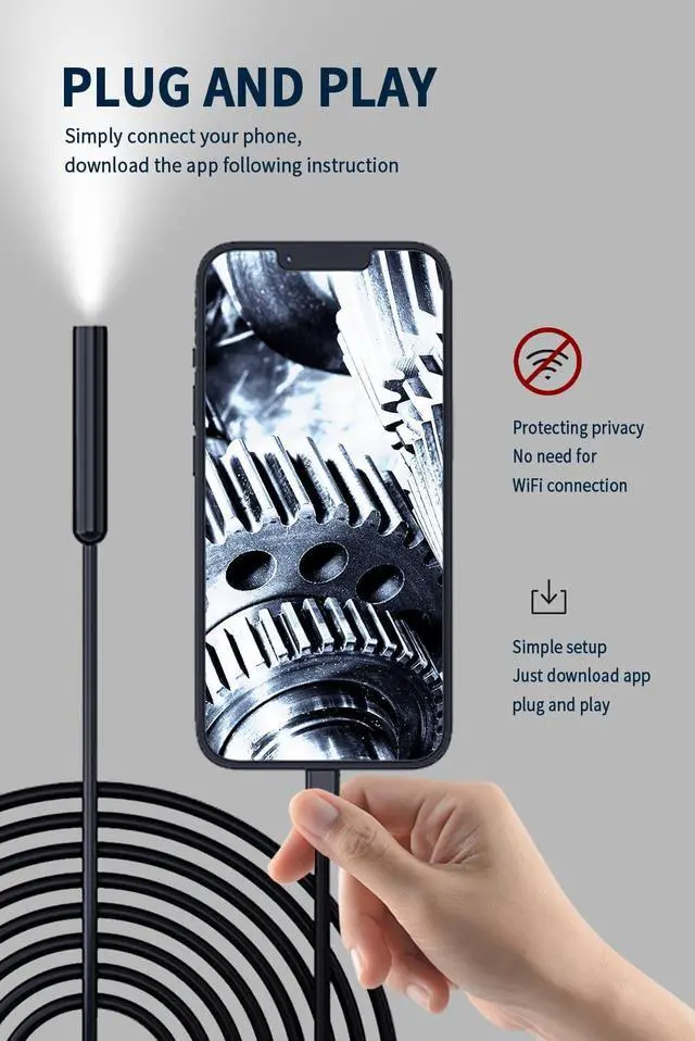 Alt view image 6 of 6 - 16.4ft Endoscope Camera with Light for iPhone and Android, 1920P HD IP67 Waterproof Borescope with 8 Adjustable LED Lights, Semi-Rigid Snake Camera, 7.9mm Black