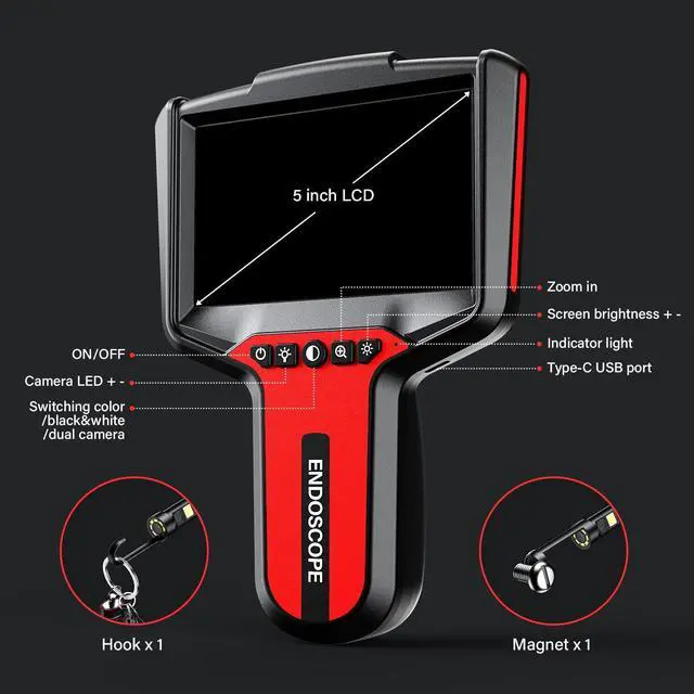 Alt view image 6 of 7 - Borescope Endoscope Camera with Light: 5" Dual-Lens Inspection Camera for Sewer - 16.4ft Waterproof Industrial Endoscope - Flexible Snake Bore Scope for Plumbing Automotive