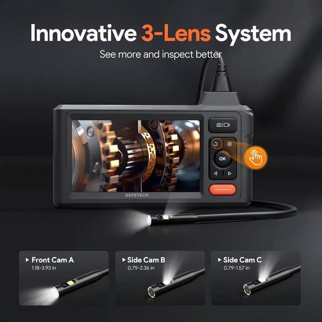 Alt view image 3 of 7 - DEPSTECH 50ft Sewer Camera, 1080P HD Triple Lens Borescope, 5" IPS Screen Endoscope with Light, IP67 Waterproof Plumbing Drain Pipe Snake Inspection Camera with 32G Card, Carry Case