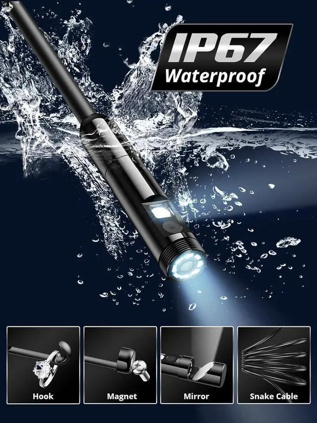 Alt view image 7 of 7 - Borescope Endoscope Camera with Light, Dual-Lens 1080P HD Industrial Inspection Camera with 8 LED Lights, 16.5Ft Semi-Rigid Snake Cable, 5" IPS Screen, 32GB Card, IP67 Waterproof Sewer Tools