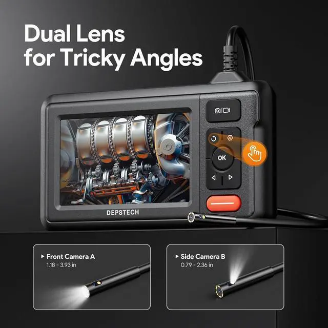 Alt view image 2 of 7 - DEPSTECH Dual Lens Borescope, HD Endoscope With Light, 4.3'' IPS Screen Inspection Camera, IP67 Waterproof Drain Pipe Snake Cable, 16.5ft Semi-Rigid for Car Wall Plumbing HVAC