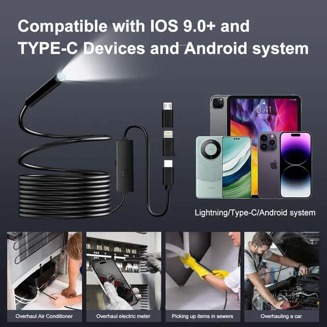 Alt view image 6 of 7 - Endoscope Camera with Light, 1920P HD Borescope with 8+1 Adjustable LED Lights, IP67 Waterproof 16.5FT Semi-Rigid Snake Cord Inspection Camera for iPhone, iPad and Android Phone (Single-Lens)