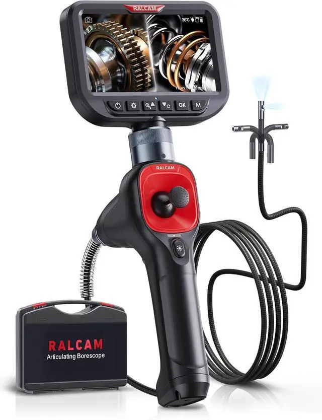 Main image of Ralcam 360° Articulating Borescope Dual Lens, 5'' Joystick 4 Ways Industrial Endoscope Camera with Light, 6.5mm Slim Probe, 5.0FT Semi-Rigid Snake Inspection Camera for Automotive Mechanics