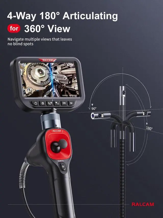 Alt view image 2 of 7 - Ralcam 360° Articulating Borescope Dual Lens, 5'' Joystick 4 Ways Industrial Endoscope Camera with Light, 6.5mm Slim Probe, 5.0FT Semi-Rigid Snake Inspection Camera for Automotive Mechanics