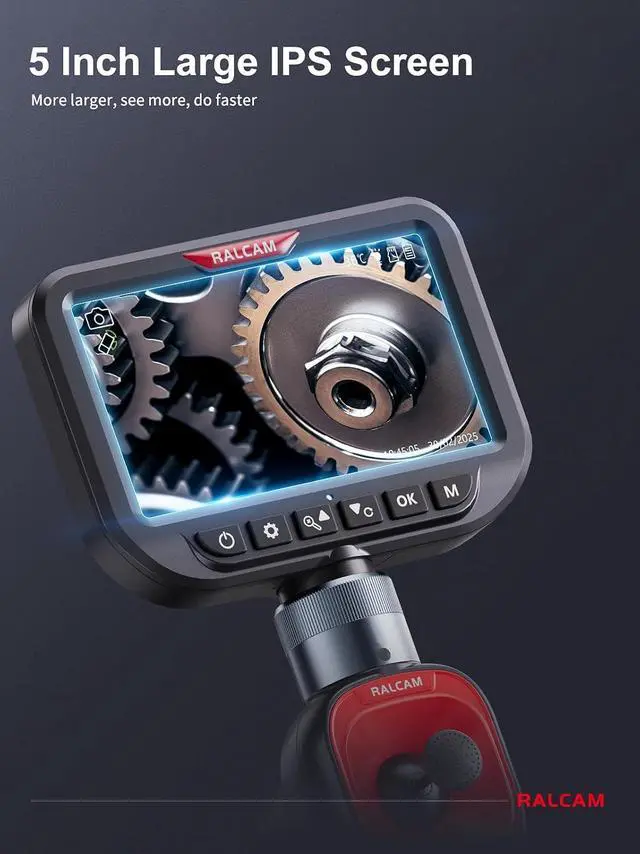 Alt view image 3 of 7 - Ralcam 360° Articulating Borescope Dual Lens, 5'' Joystick 4 Ways Industrial Endoscope Camera with Light, 6.5mm Slim Probe, 5.0FT Semi-Rigid Snake Inspection Camera for Automotive Mechanics