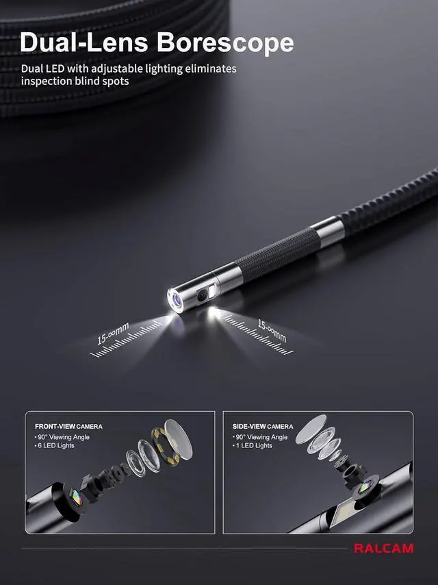 Alt view image 4 of 7 - Ralcam 360° Articulating Borescope Dual Lens, 5'' Joystick 4 Ways Industrial Endoscope Camera with Light, 6.5mm Slim Probe, 5.0FT Semi-Rigid Snake Inspection Camera for Automotive Mechanics