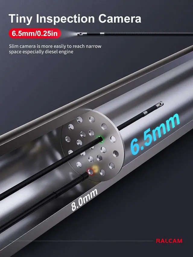 Alt view image 5 of 7 - Ralcam 360° Articulating Borescope Dual Lens, 5'' Joystick 4 Ways Industrial Endoscope Camera with Light, 6.5mm Slim Probe, 5.0FT Semi-Rigid Snake Inspection Camera for Automotive Mechanics