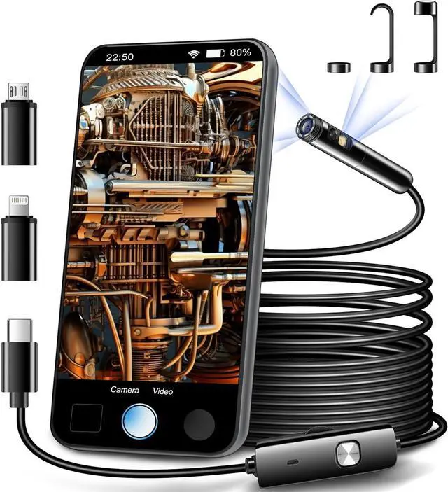 Main image of Dual Lens Endoscope Inspection Camera by AURTEC, Dual HD Lens, IP68 Waterproof, 16.5FT/5M Semi-Rigid Cable, Borescope Camera with LED Lights, Compatible with Android and iOS Devices