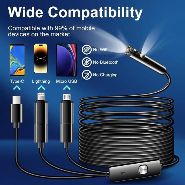 Alt view image 2 of 6 - Dual Lens Endoscope Inspection Camera by AURTEC, Dual HD Lens, IP68 Waterproof, 16.5FT/5M Semi-Rigid Cable, Borescope Camera with LED Lights, Compatible with Android and iOS Devices