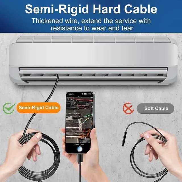 Alt view image 4 of 6 - Dual Lens Endoscope Inspection Camera by AURTEC, Dual HD Lens, IP68 Waterproof, 16.5FT/5M Semi-Rigid Cable, Borescope Camera with LED Lights, Compatible with Android and iOS Devices