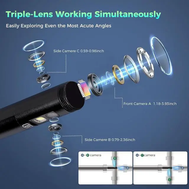 Alt view image 2 of 7 - Triple Lens 1080P Borescope with 50FT Semi-Rigid Cable, 5" IPS Screen Endoscope Camera with Lights, 1080P Industrial Borescope with 32G Storage Card,IP67 Waterproof Drain Camera