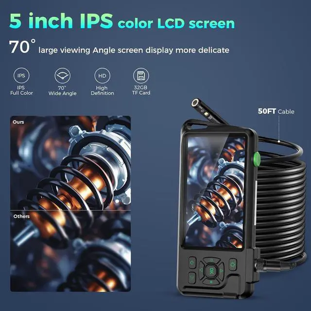 Alt view image 3 of 7 - Triple Lens 1080P Borescope with 50FT Semi-Rigid Cable, 5" IPS Screen Endoscope Camera with Lights, 1080P Industrial Borescope with 32G Storage Card,IP67 Waterproof Drain Camera
